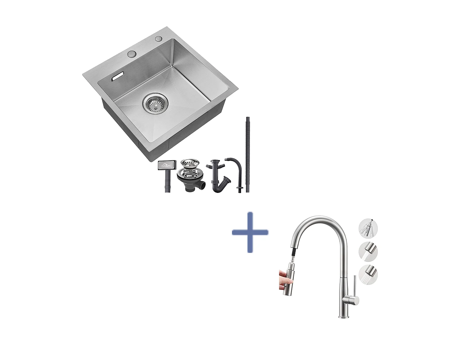 Évier Cuisine 1Bac 45x45CM Acier Inoxydable 304 ,encastré/à Poser+Mitigeur Cuisine,avec Douchette Extractible,2 Modes,Eau Froide/Chaude,Brossé