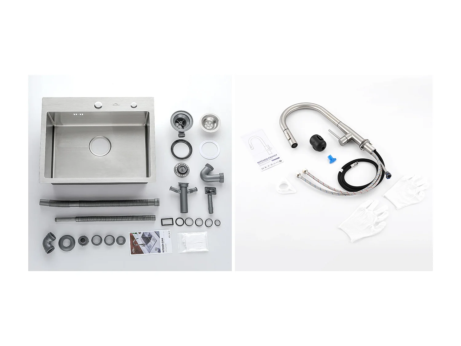 Évier Cuisine 1Bac 45x45CM Acier Inoxydable 304 ,encastré/à Poser+Mitigeur Cuisine,avec Douchette Extractible,2 Modes,Eau Froide/Chaude,Brossé