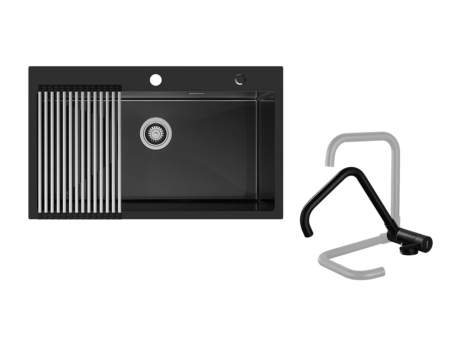 Auralum MAX Évier de Cuisine 1 Bac 75 x 45 cm,Évier Inox Noir avec Égouttoir Pliable+Mitigeur Cuisine Rabattable Pivotant 360° Eau froid Chaud,Noir