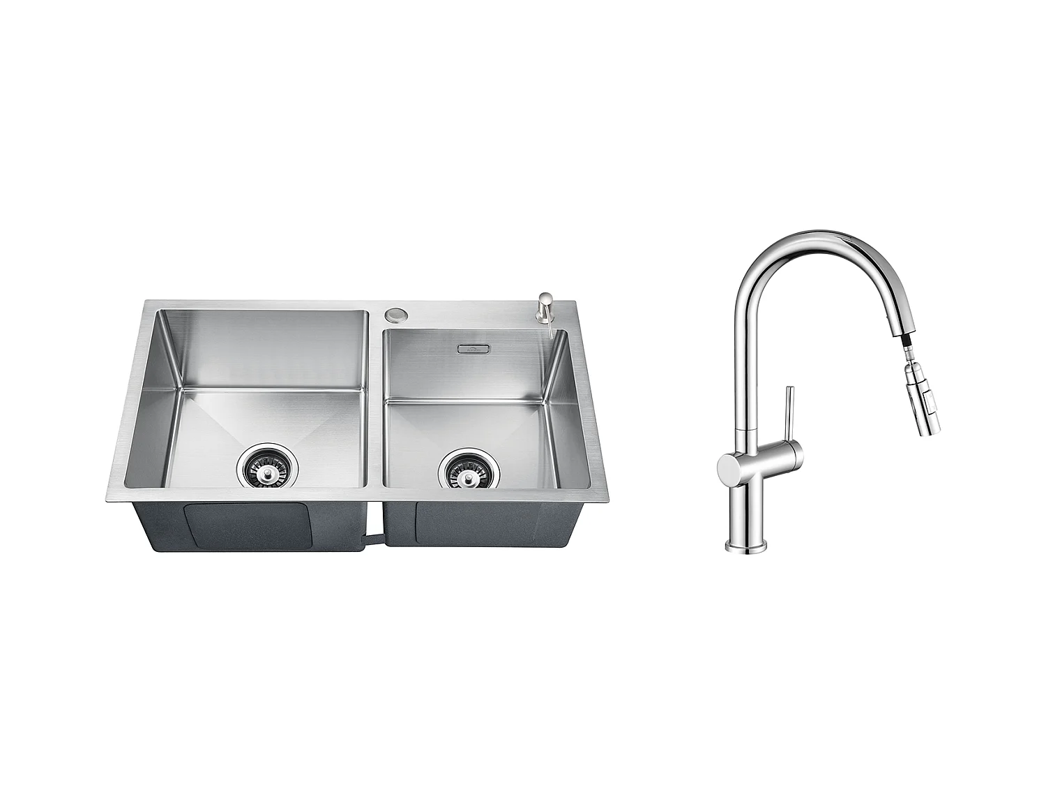 2 en 1 Évier de Cuisine 2 Bac 75x45x19cm,Encastré/ à Poser avec Distributeur de Savon+robinet de cuisine rétractable à deux fonctions, chromé