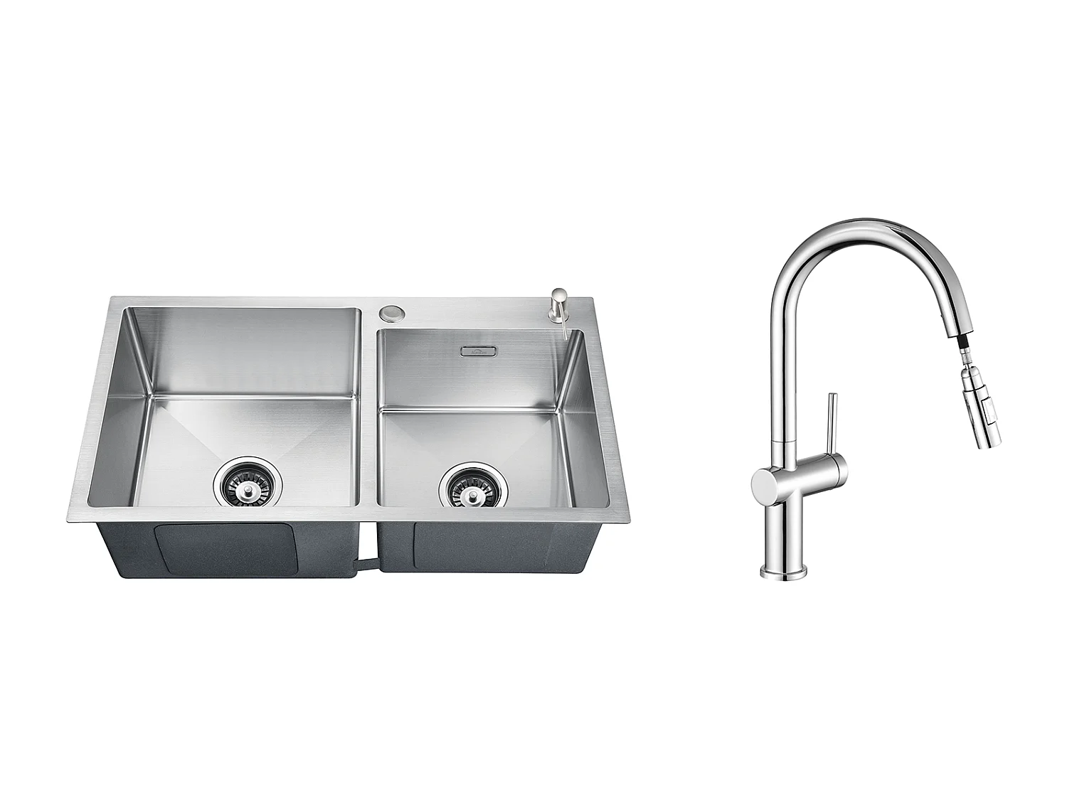 2 in 1 Aanrecht 2 Bak 75x45x19cm, Inbouw/ Opzetbaar met Zeepdispenser+trekbare keukenkraan met twee functies, chroom