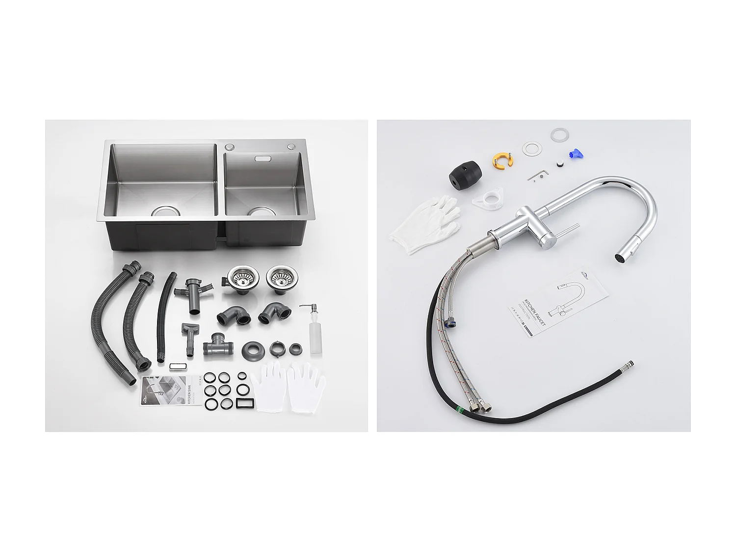 2 in 1 Aanrecht 2 Bak 75x45x19cm, Inbouw/ Opzetbaar met Zeepdispenser+trekbare keukenkraan met twee functies, chroom