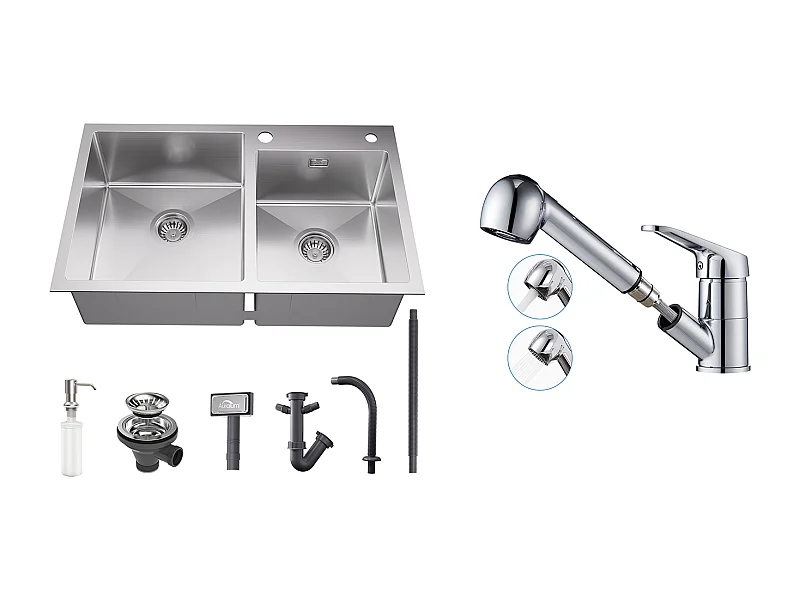 Aanrecht 2 bakken 75x45x19cm, inbouw/ op te zetten met zeepdispenser + keukenmengkraan met 360° draaibare uittrekbare douche, verchroomd