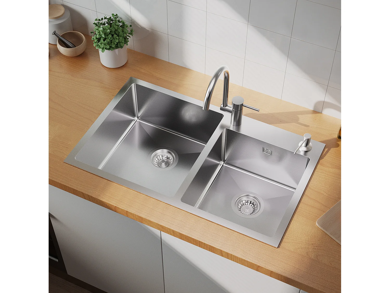 Aanrecht 2 bakken 75x45x19cm, inbouw/ op te zetten met zeepdispenser + keukenmengkraan met 360° draaibare uittrekbare douche, verchroomd