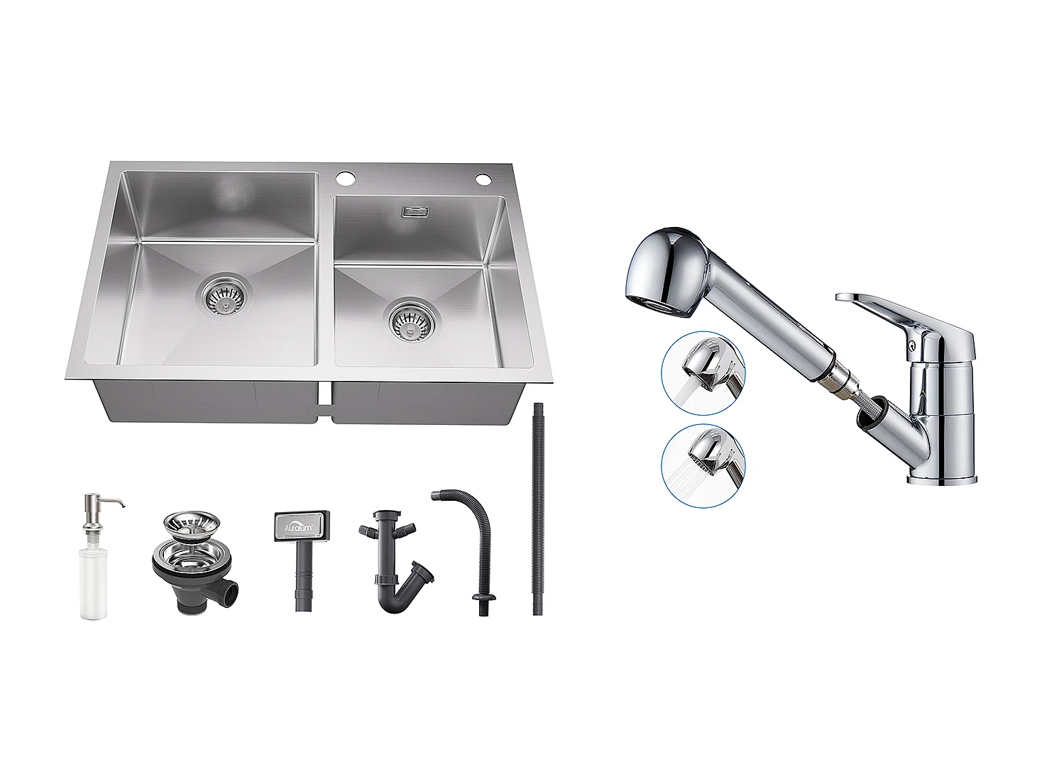 Aanrecht 2 bakken 75x45x19cm, inbouw/ op te zetten met zeepdispenser + keukenmengkraan met 360° draaibare uittrekbare douche, verchroomd