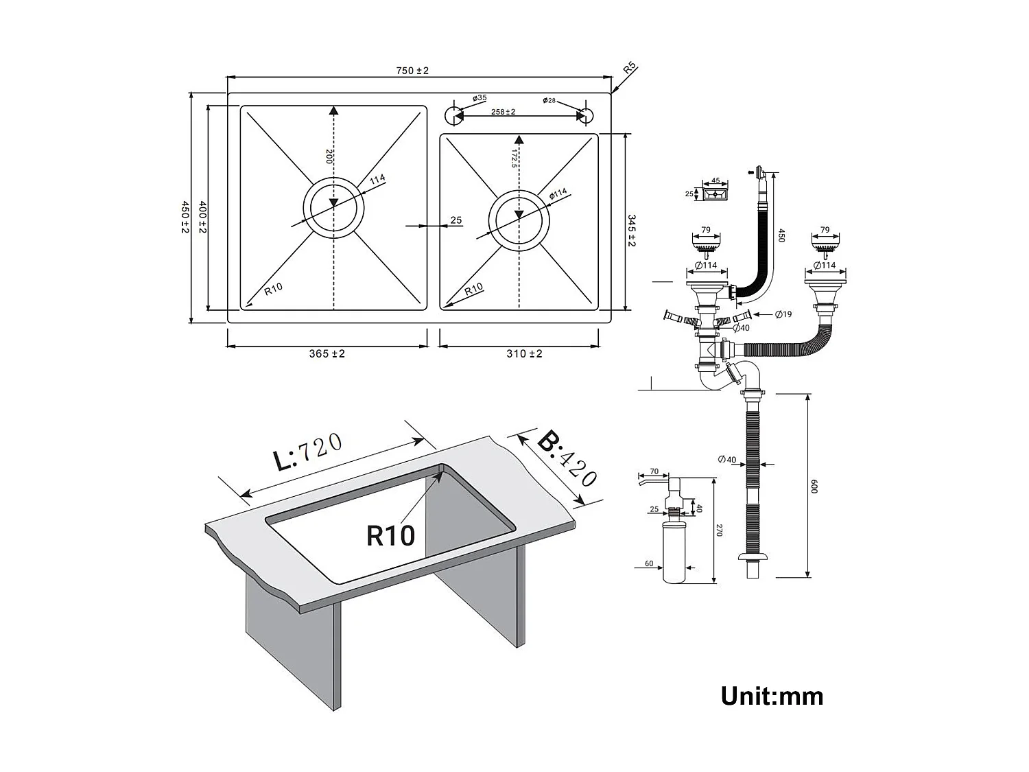 Aanrecht 2 bakken 75x45x19cm, inbouw/ op te zetten met zeepdispenser + keukenmengkraan met 360° draaibare uittrekbare douche, verchroomd