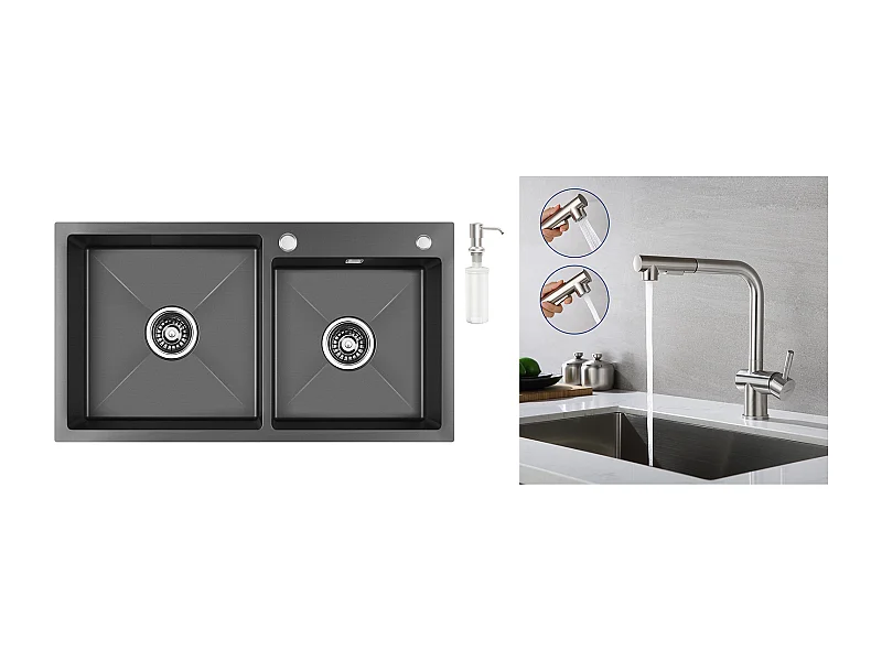 2in1 Aanrecht 2 Bak ,Zwart,75x45x19cm,Inbouw/ Opzetbaar met Zeepdispenser+Kraan Keuken Uittrekbare Handdouche Twee Stralen