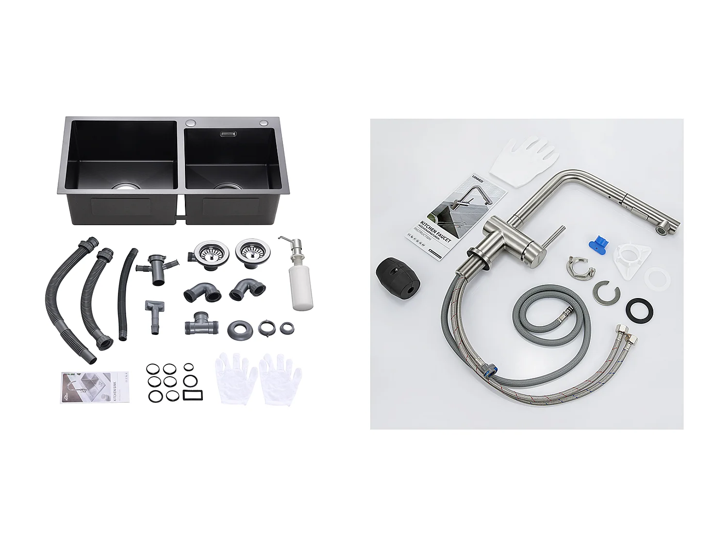 2en1 Évier de Cuisine 2 Bac ,Noir,75x45x19cm,Encastré/ à Poser avec Distributeur de Savon+Robinet Cuisine Douchette Extractible Deux Jets