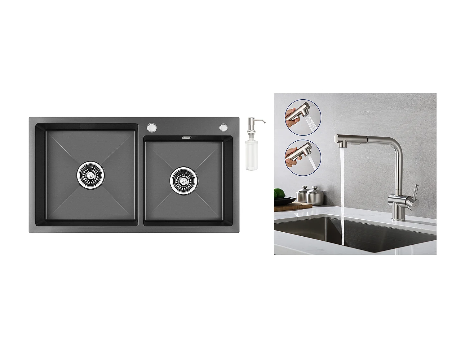 2en1 Évier de Cuisine 2 Bac ,Noir,75x45x19cm,Encastré/ à Poser avec Distributeur de Savon+Robinet Cuisine Douchette Extractible Deux Jets