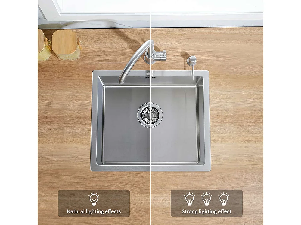 Lavello da Cucina 1 Vassoio 50x43x18CM, con Distributore di Sapone, Lavello Inox con Sifone e Lavello da Incasso/Fiore/Sub-Plan