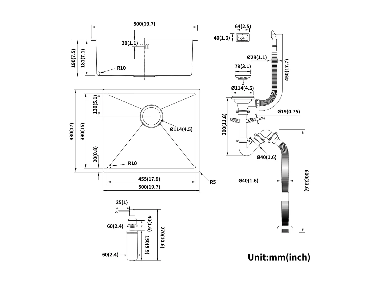 Évier de Cuisine 1 Bac 50x43x18CM,avec Distributeur de Savon, Évier Inox avec Siphon et Trop Plein Évier Montage à Encastrer/Fleur/ Sous-Plan