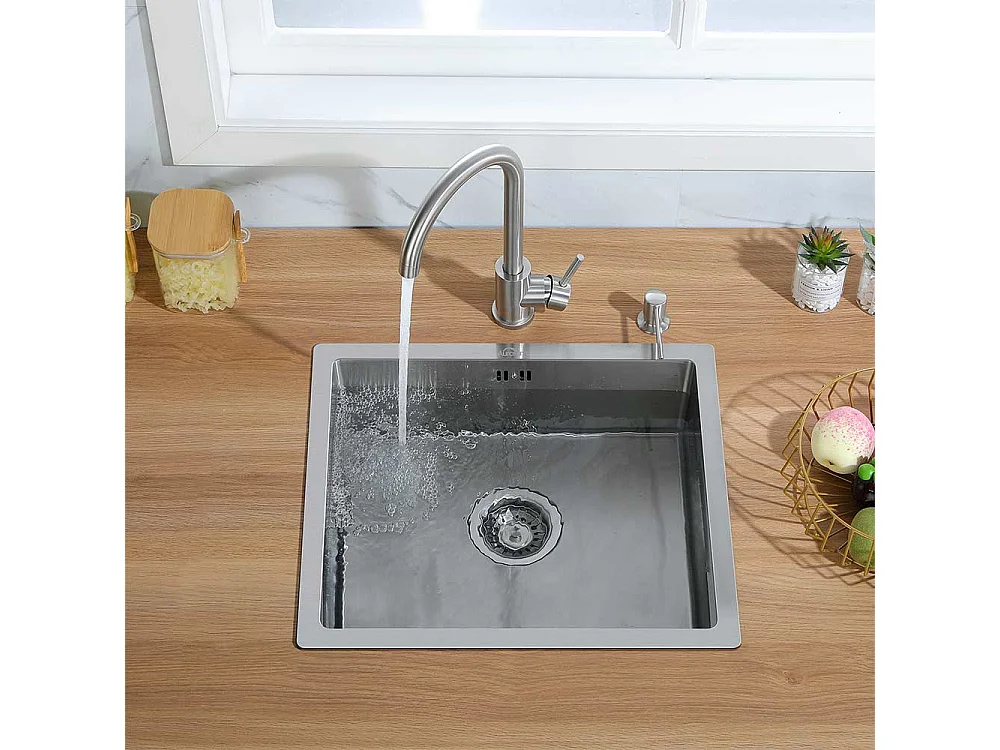 Évier de Cuisine 1 Bac 50x43x18CM,avec Distributeur de Savon, Évier Inox avec Siphon et Trop Plein Évier Montage à Encastrer/Fleur/ Sous-Plan