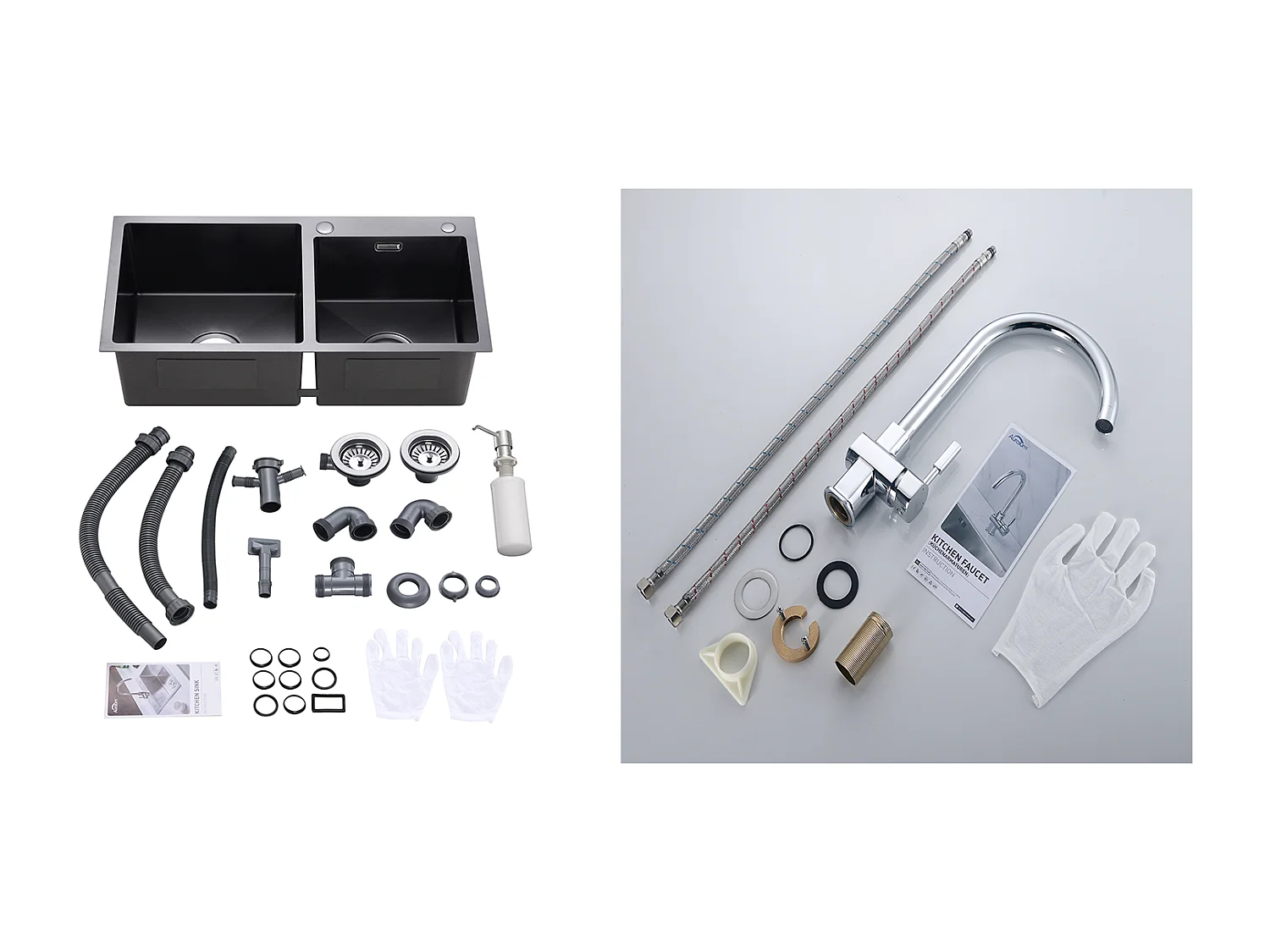 in 1 Küchenspüle 2 Becken, Schwarz, 75x45x19cm, Einbau/Aufputz mit Seifenspender + 360° schwenkbarer Küchenarmatur, Chrom