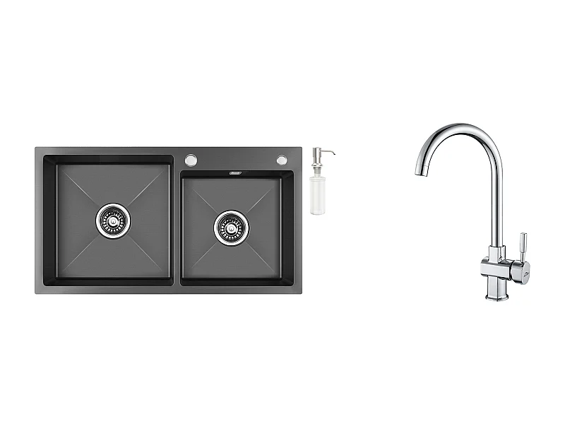 2 en 1 Évier Cuisine 2 Bac Noir,75x45x19cm,Encastré/ à Poser avec Distributeur Savon+ Robinet Cuisine Pivotant 360° , Chromé