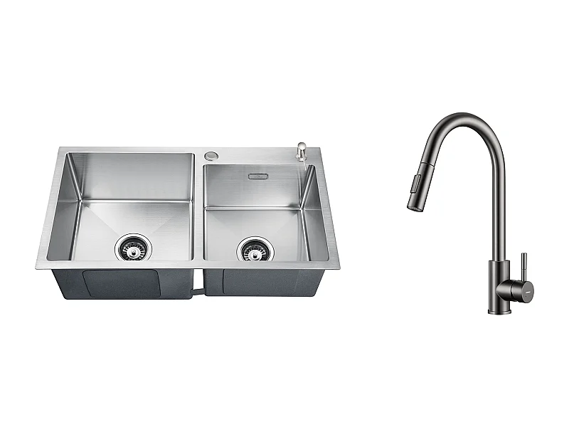 2 en 1 Évier de Cuisine 2 Bac 75x45x19cm, Encastré/ à Poser avec Distributeur de Savon+Robinet Cuisine Douchette Extractible Rotatif (Gris Foncé)