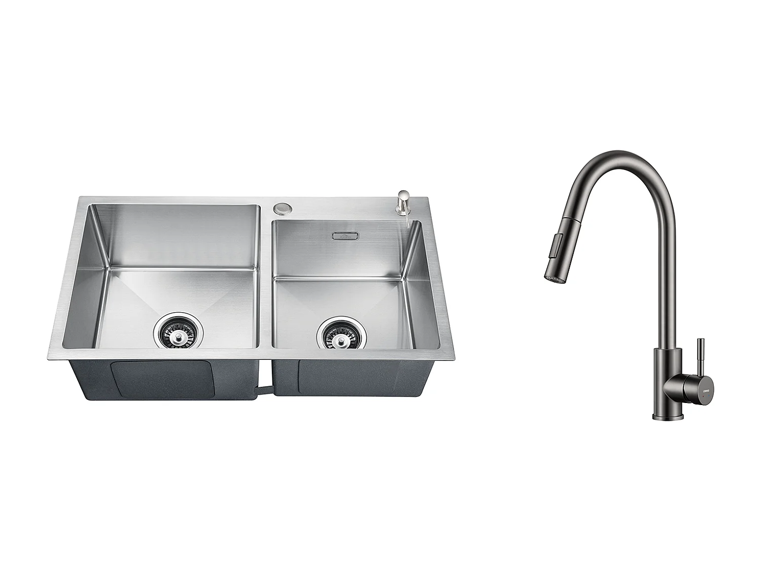 2 en 1 Évier de Cuisine 2 Bac 75x45x19cm, Encastré/ à Poser avec Distributeur de Savon+Robinet Cuisine Douchette Extractible Rotatif (Gris Foncé)