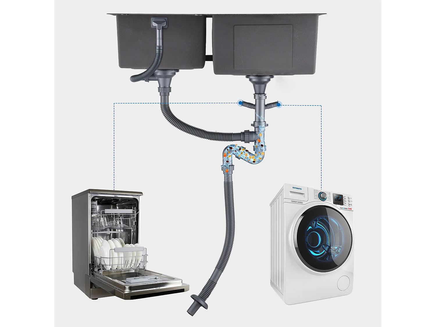 2 en 1 Évier de Cuisine 2 Bac 75x45x19cm, Encastré/ à Poser avec Distributeur de Savon+Robinet Cuisine Douchette Extractible Rotatif (Gris Foncé)