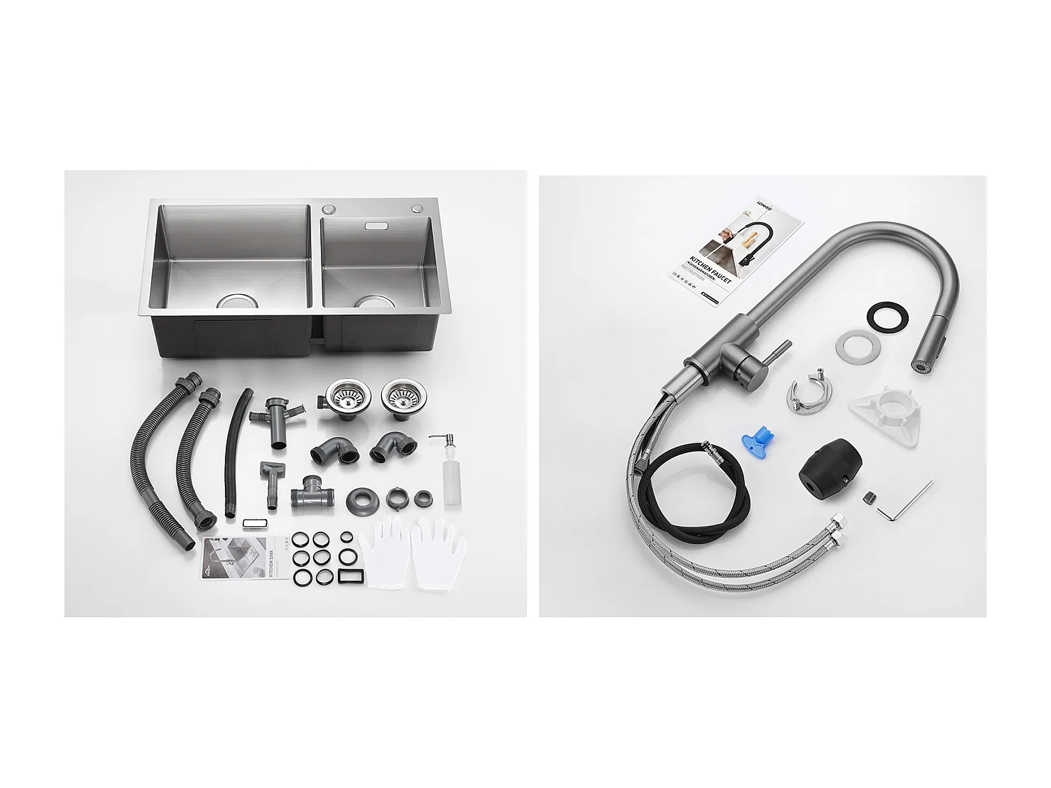 2 en 1 Évier de Cuisine 2 Bac 75x45x19cm, Encastré/ à Poser avec Distributeur de Savon+Robinet Cuisine Douchette Extractible Rotatif (Gris Foncé)