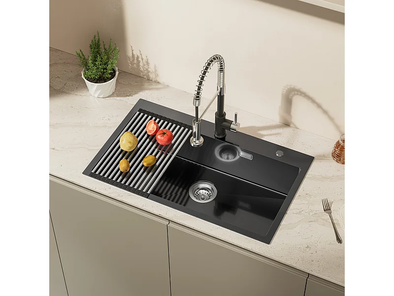 Fregadero Cocina 1 Seno,Fregadero Cocina 75 x 45 cm,Fregadero Inoxidable Negro con escurridor Plegable,Fregadero Cocina bajo encimera/Montaje Superior