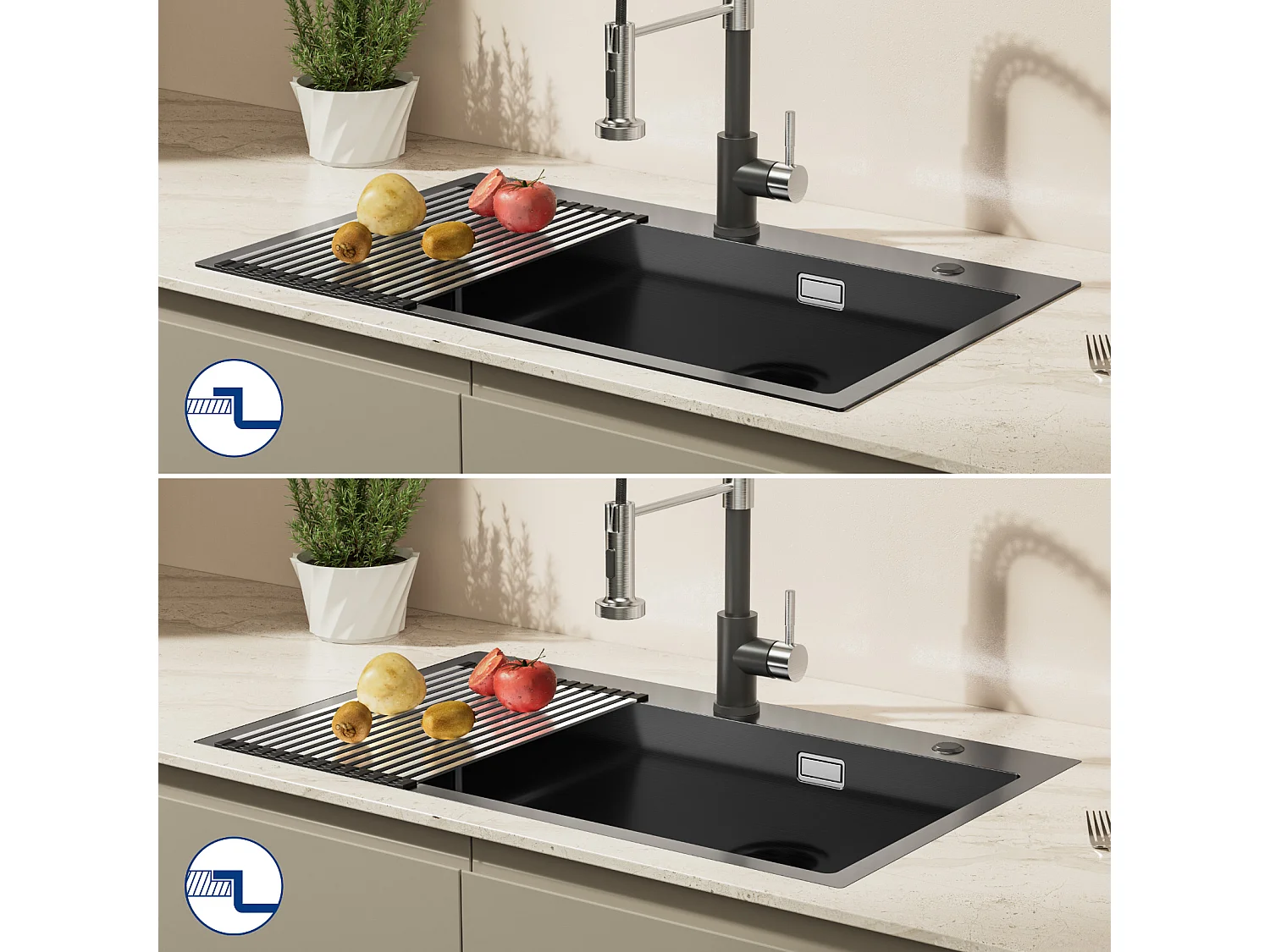 Auralum MAX Aanrecht 1 Bak, Wasbak 75 x 45 cm, Zwarte RVS Spoelbak met Opvouwbare Afdruiprek, Inbouw Wastafel of Hoger