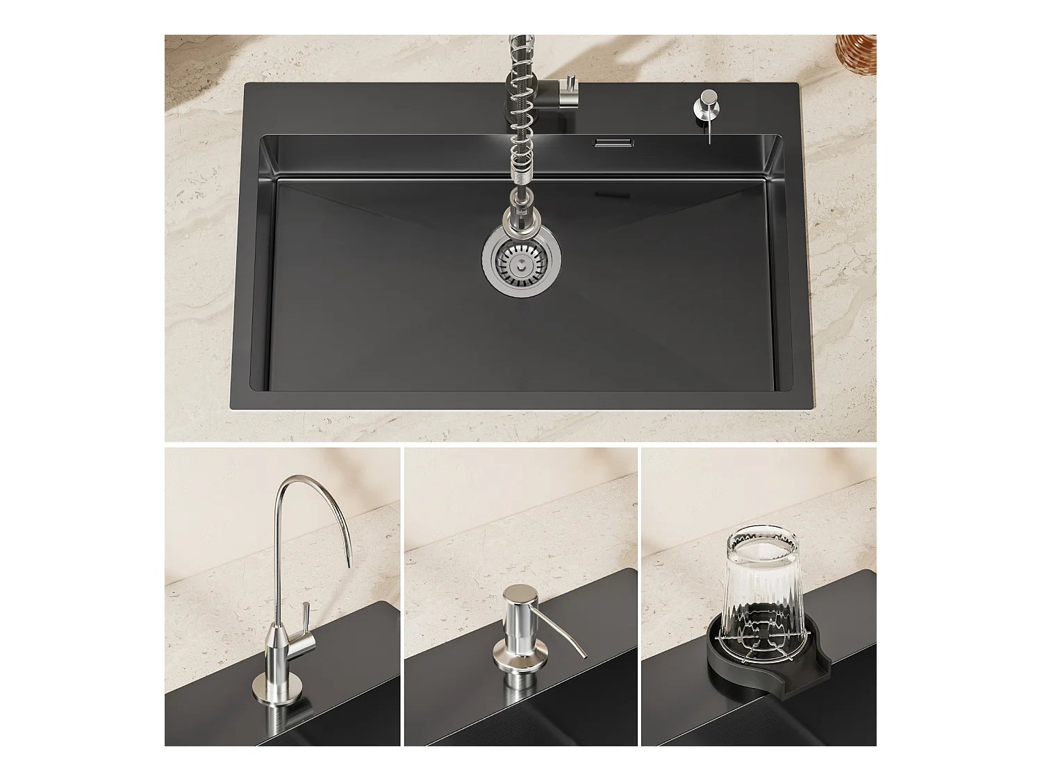 Auralum MAX Aanrecht 1 Bak, Wasbak 75 x 45 cm, Zwarte RVS Spoelbak met Opvouwbare Afdruiprek, Inbouw Wastafel of Hoger