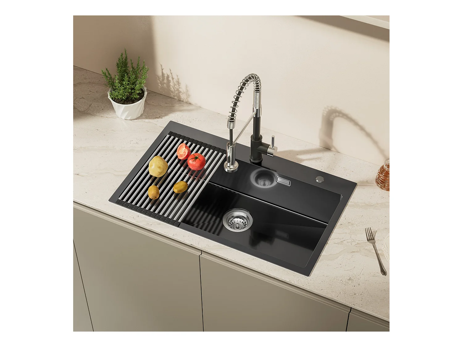 Auralum MAX Évier de Cuisine 1 Bac,Evier Cuisine 75 x 45 cm,Évier Inox Noir avec Égouttoir Pliable,Lavabo Cuisine Montage Encastré ou Supérieur