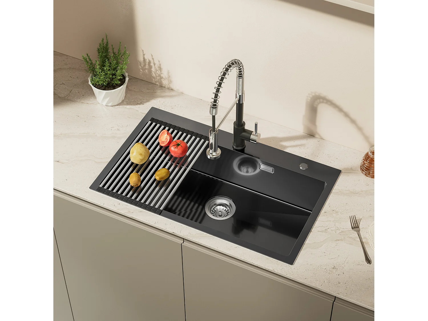 Auralum MAX Einzelbecken-Küchenspüle, 75 x 45 cm Küchenspüle, schwarze Edelstahlspüle mit faltbarer Abtropffläche, Unterbau- oder Aufsatz-Küchenspüle