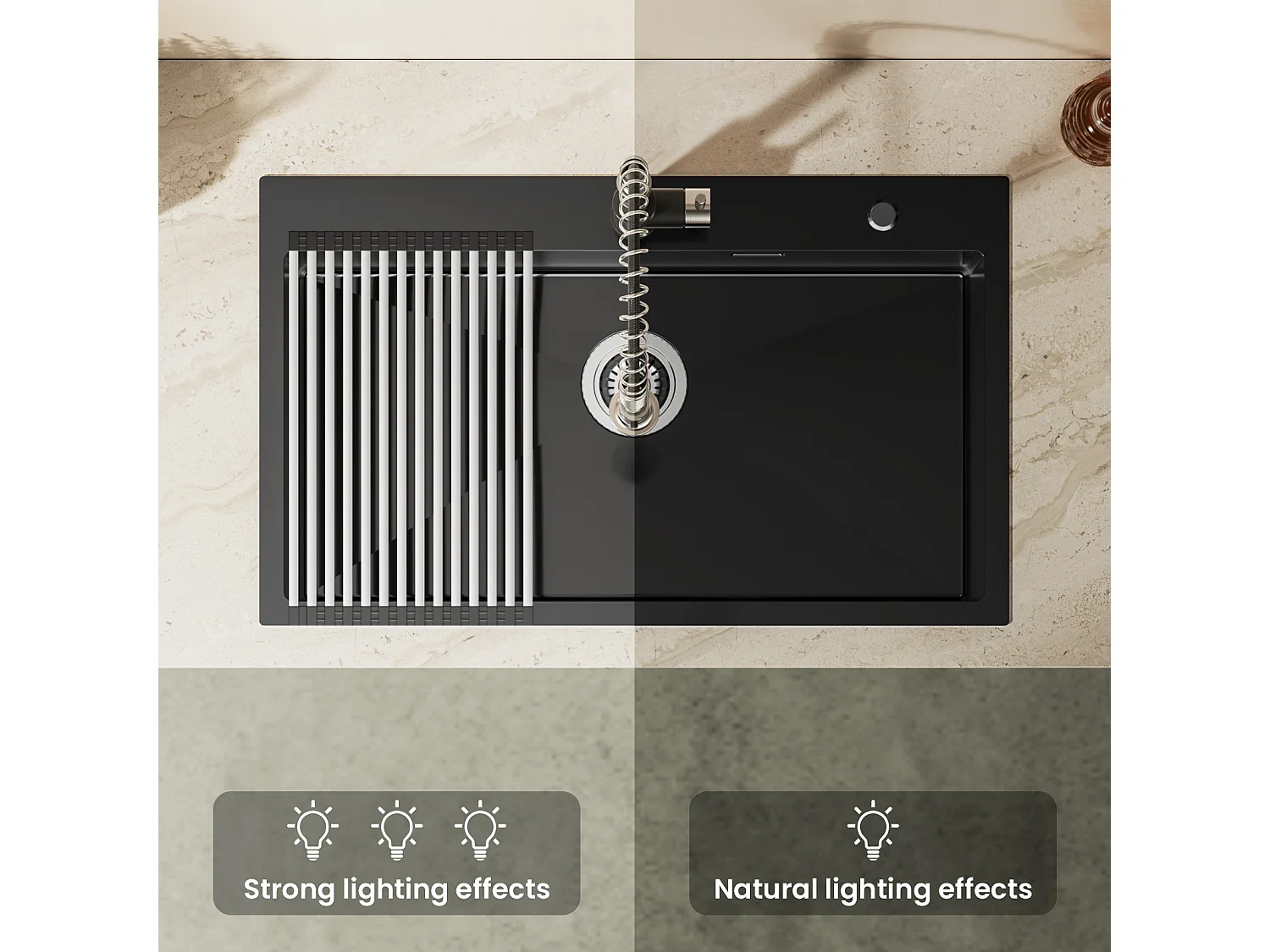 Auralum MAX Einzelbecken-Küchenspüle, 75 x 45 cm Küchenspüle, schwarze Edelstahlspüle mit faltbarer Abtropffläche, Unterbau- oder Aufsatz-Küchenspüle