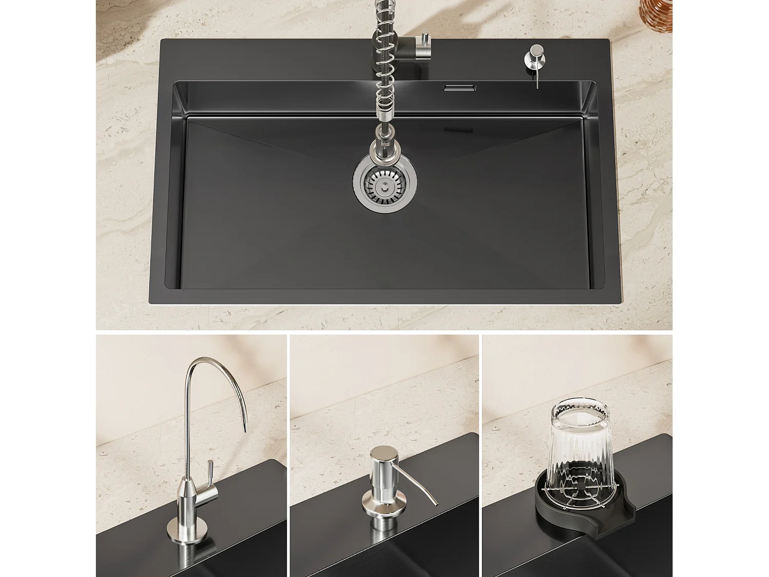 Auralum MAX Einzelbecken-Küchenspüle, 75 x 45 cm Küchenspüle, schwarze Edelstahlspüle mit faltbarer Abtropffläche, Unterbau- oder Aufsatz-Küchenspüle