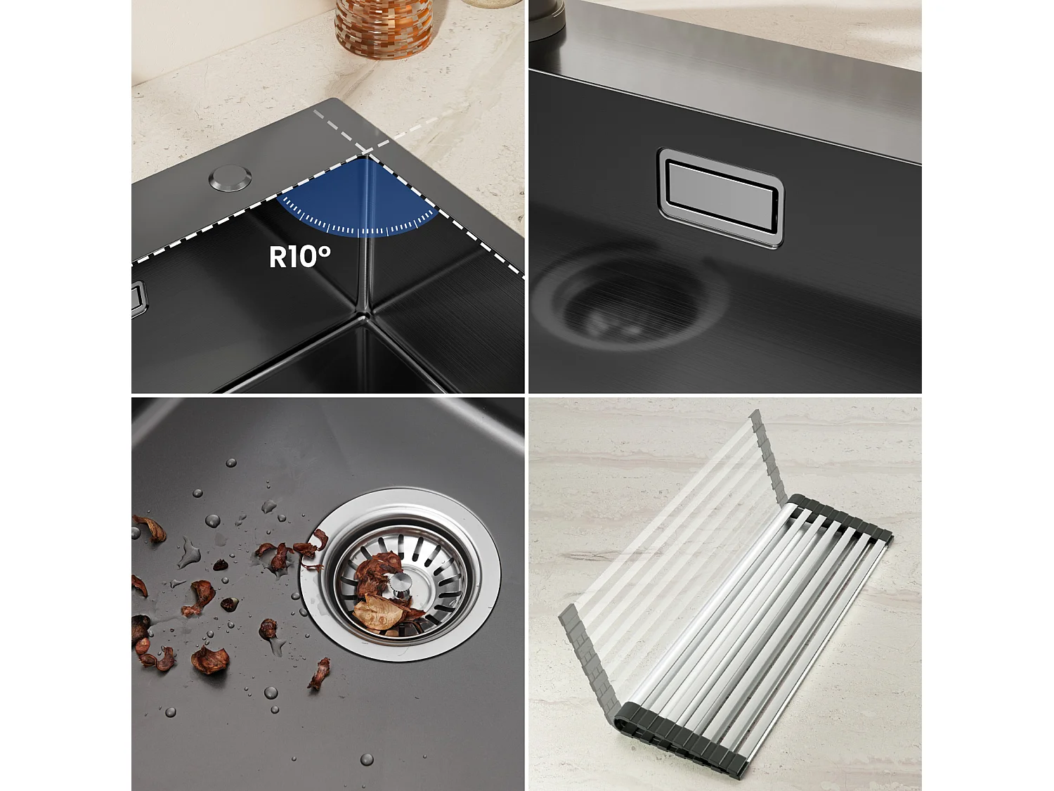 Auralum MAX Einzelbecken-Küchenspüle, 75 x 45 cm Küchenspüle, schwarze Edelstahlspüle mit faltbarer Abtropffläche, Unterbau- oder Aufsatz-Küchenspüle