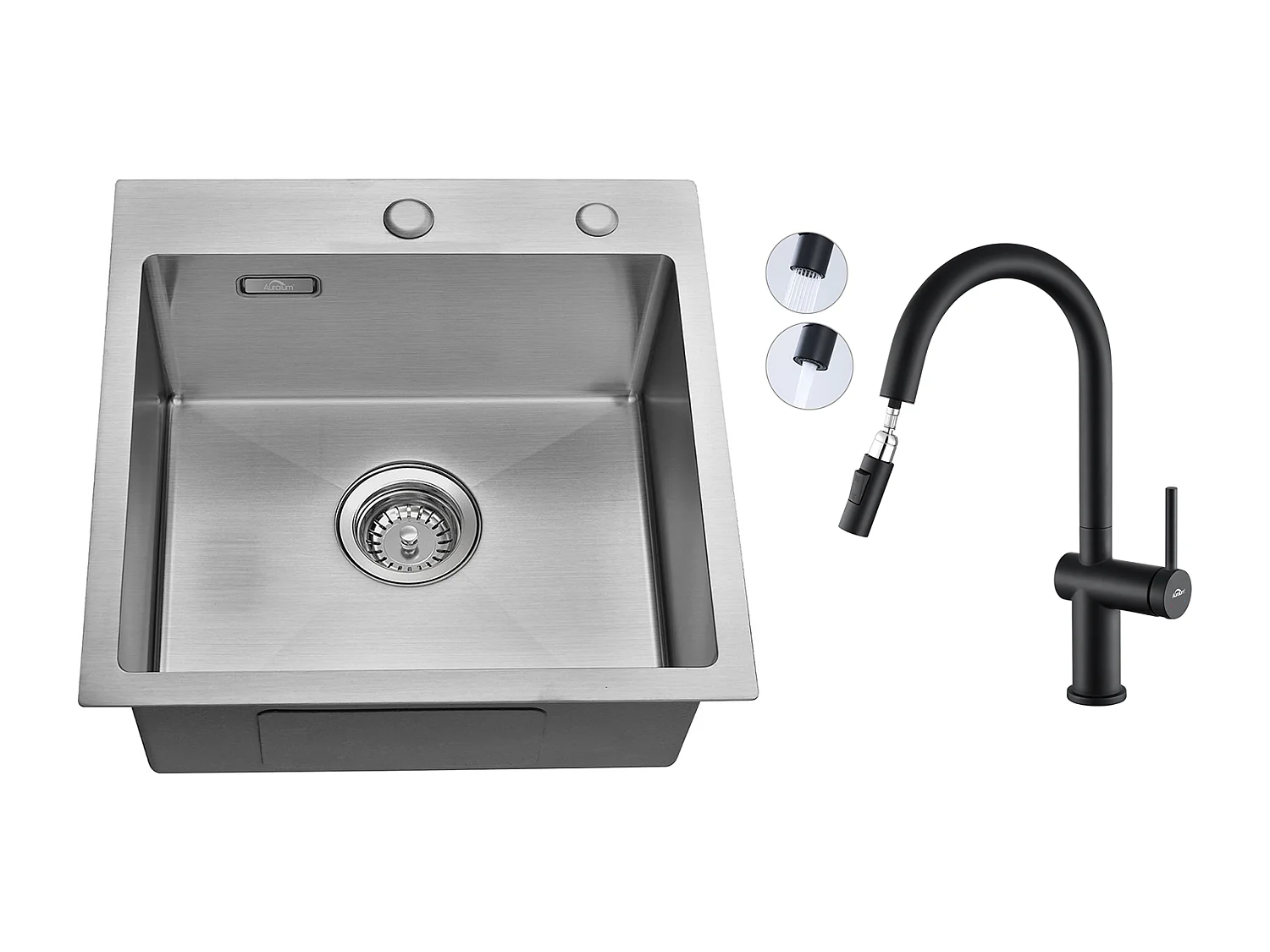 Évier Cuisine 1 Bac 45x45CM Acier Inoxydable 304 ,encastré et à Poser +robinet de cuisine rétractable à deux fonctions, Noir,EU Modèle