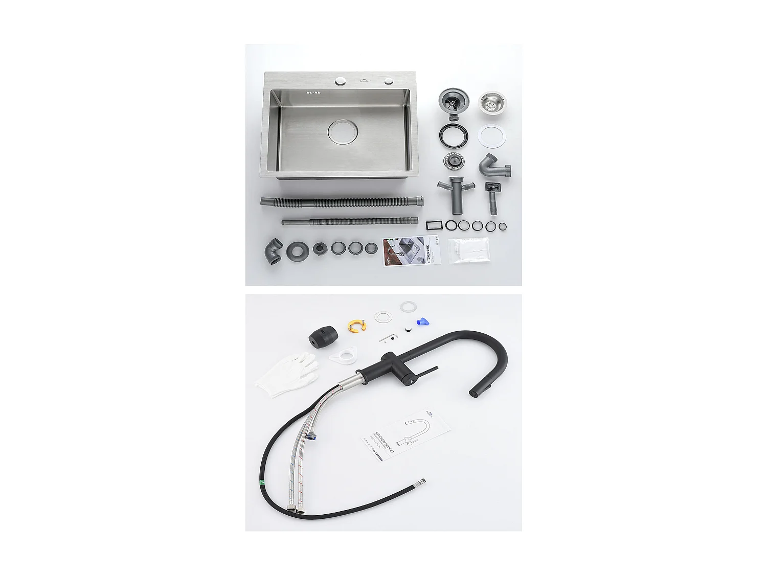 Évier Cuisine 1 Bac 45x45CM Acier Inoxydable 304 ,encastré et à Poser +robinet de cuisine rétractable à deux fonctions, Noir,EU Modèle