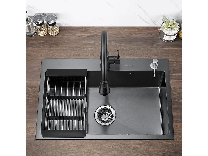 Fregadero Cocina 1 Bandeja 68*45*19CM INOX Demasiado Lleno Fregadero empotrable, con Distrubador Jabón y Escurridor Cesta Negro,Modelo UE