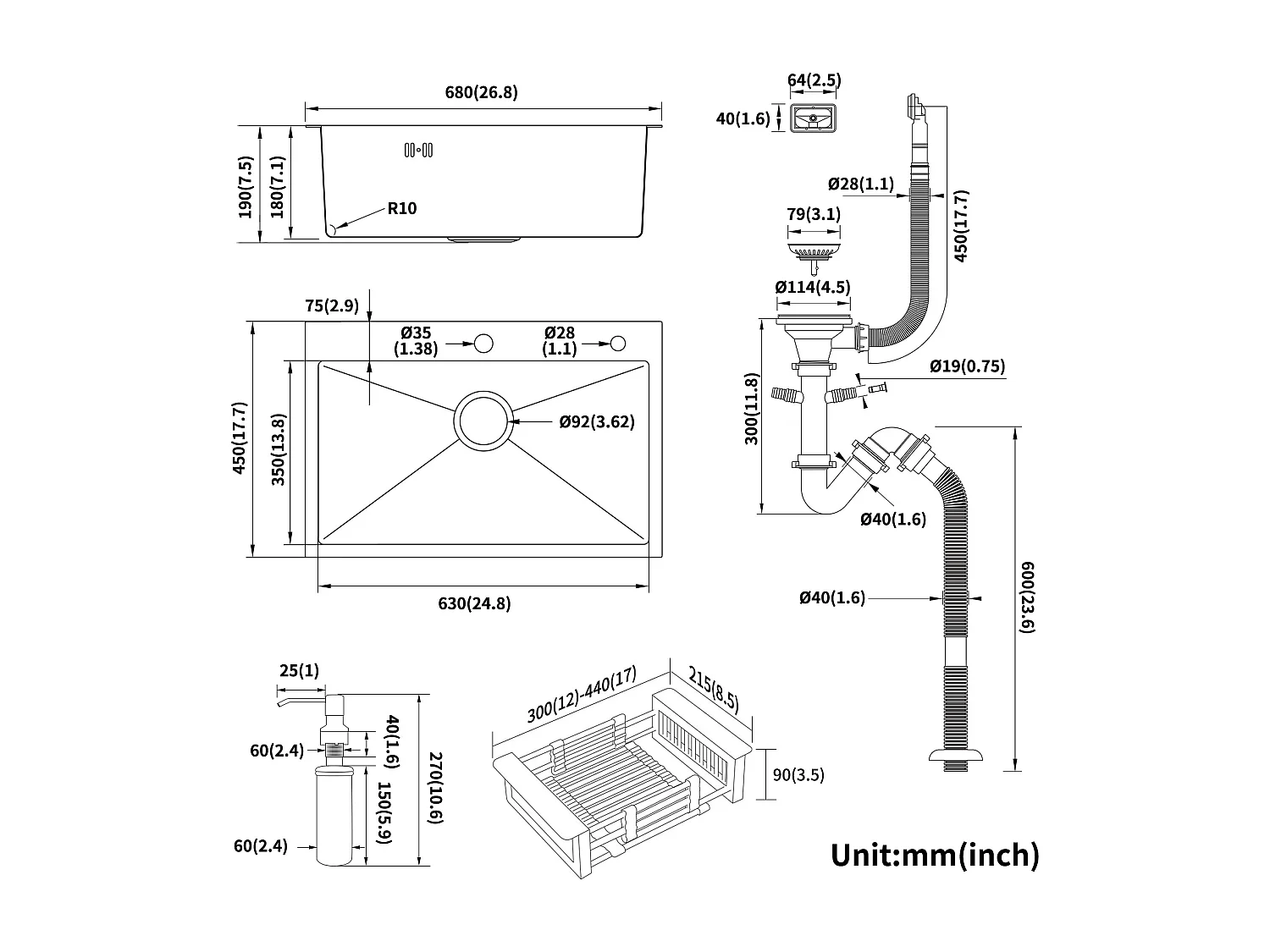 Küchenspüle 1 Becken 68*45*19CM EDELSTAHL Überlauf Einbauspüle, mit Seifenspender und Abtropfkorb Schwarz, EU-Modell