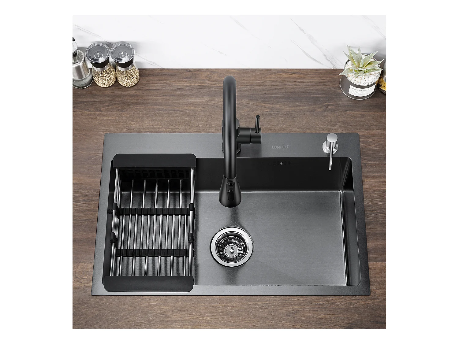 Évier Cuisine 1 Bac 68*45*19CM INOX Trop Plein Évier à Encastrer, avec Distrubuteur Savon et Égouttoir Panier Noir,EU Modèle