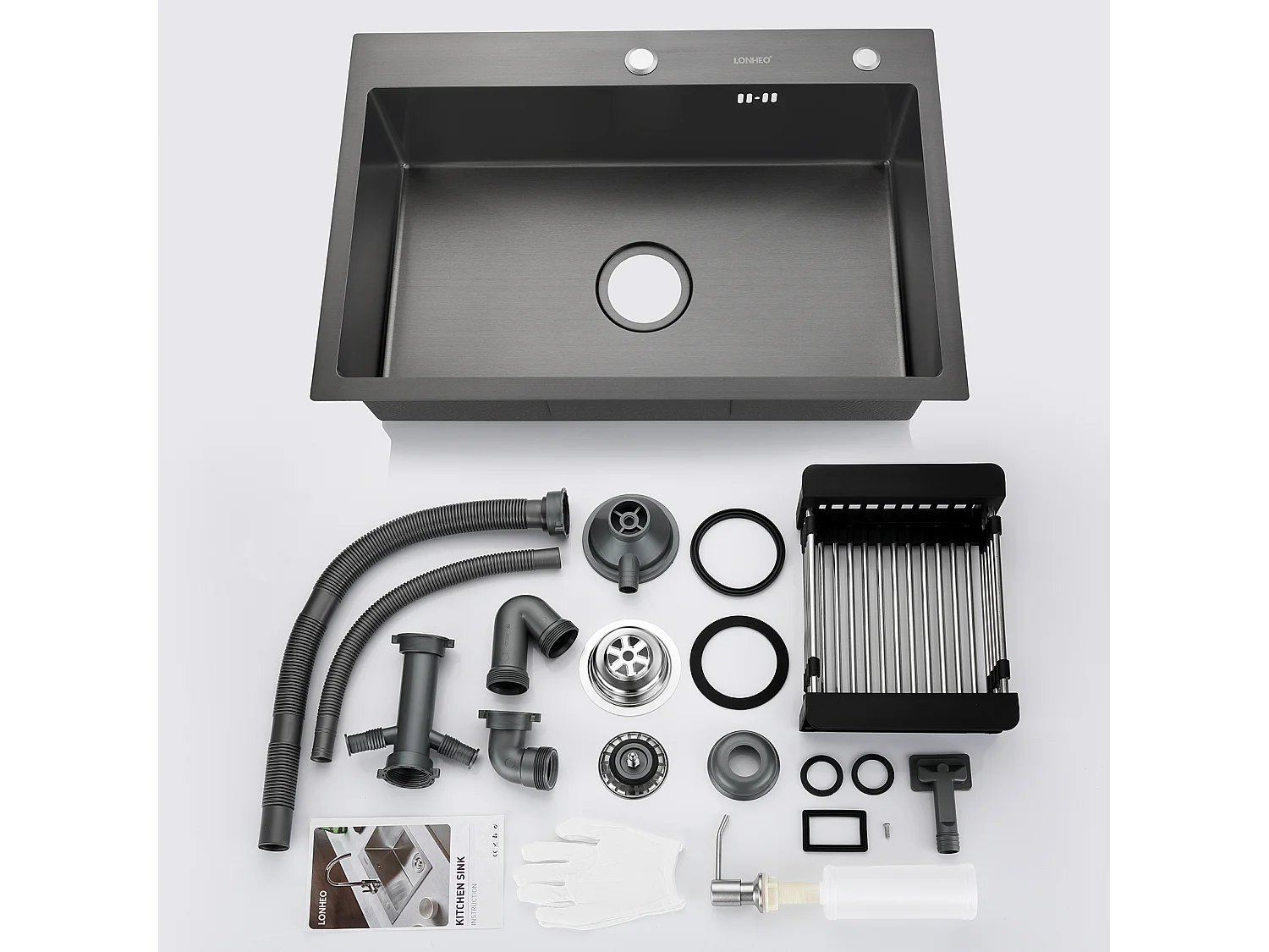 Évier Cuisine 1 Bac 68*45*19CM INOX Trop Plein Évier à Encastrer, avec Distrubuteur Savon et Égouttoir Panier Noir,EU Modèle