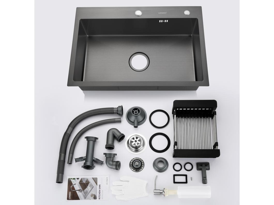 Aanrecht 1 Bak 68*45*19CM INOX Overvolle Inbouwspoelbak, met Zeepdispenser enAfdruiprek Mand Zwart, EU Model