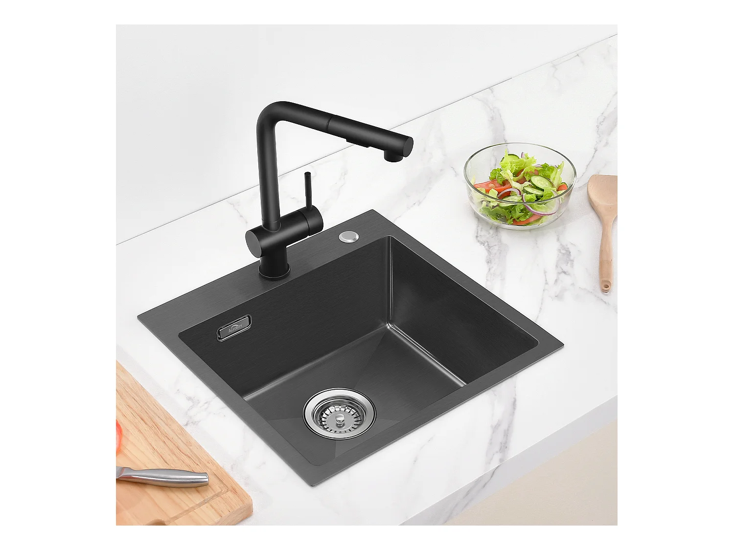 AuraLum Max Lavello Cucina 1 Vassoio Inossidabile Nero 45x45CM Lavello Da Incasso e da Posare Lavello con Foro di Montaggio per Rubinetto,Modello UE