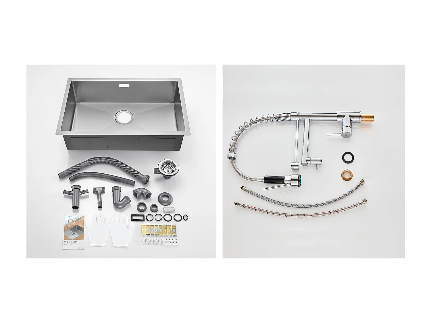 Évier Cuisine 1 Bac 70*44*19CM,à Encastrer/Fleur/Sous-Plan,avec Siphon/Trop-Plein,Brossé+Robinet Cuisine Rotatif 360° Douchette Extractible