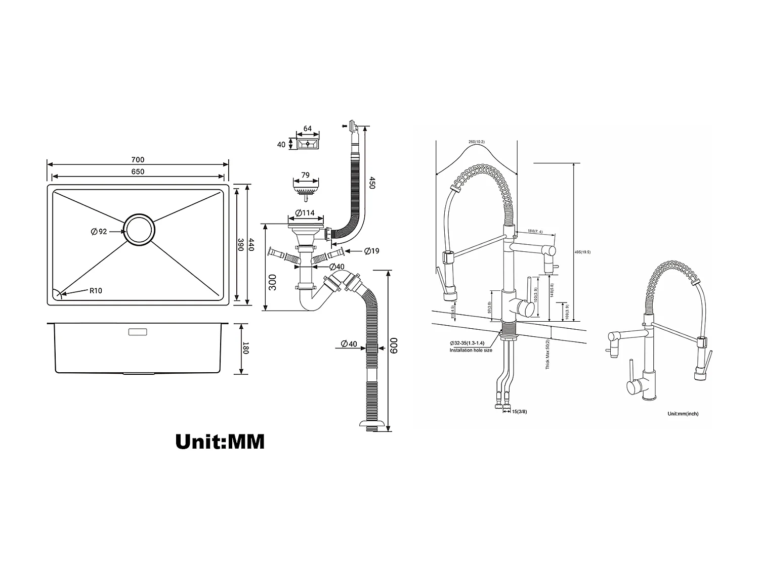 Évier Cuisine 1 Bac 70*44*19CM,à Encastrer/Fleur/Sous-Plan,avec Siphon/Trop-Plein,Brossé+Robinet Cuisine Rotatif 360° Douchette Extractible
