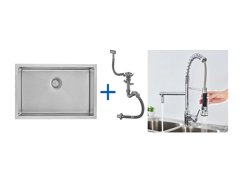 Évier Cuisine 1 Bac 70*44*19CM,à Encastrer/Fleur/Sous-Plan,avec Siphon/Trop-Plein,Brossé+Robinet Cuisine Rotatif 360° Douchette Extractible