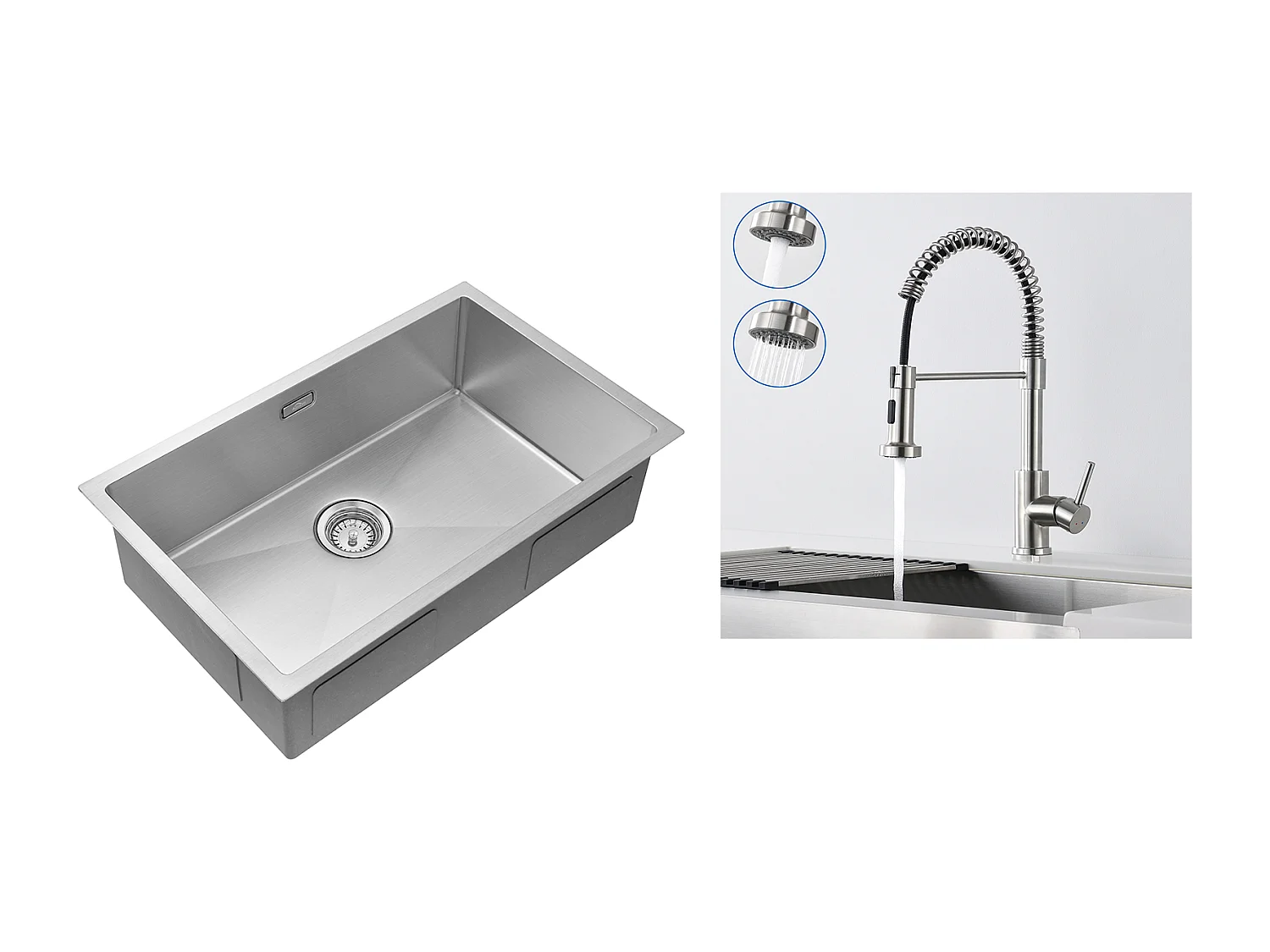 Évier Cuisine 1 Bac 70*44*19CM,à Encastrer/Fleur/Sous-Plan,avec Siphon/Trop-Plein,+Robinet Cuisine à Ressort avec Douchette Extensible