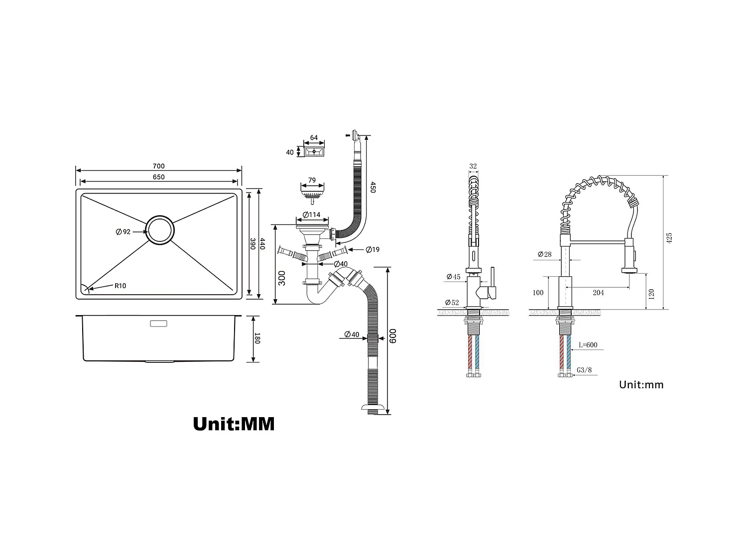 Évier Cuisine 1 Bac 70*44*19CM,à Encastrer/Fleur/Sous-Plan,avec Siphon/Trop-Plein,+Robinet Cuisine à Ressort avec Douchette Extensible
