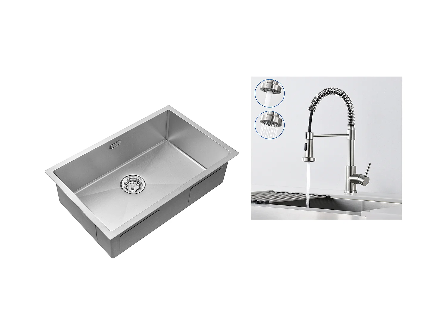 Évier Cuisine 1 Bac 70*44*19CM,à Encastrer/Fleur/Sous-Plan,avec Siphon/Trop-Plein,+Robinet Cuisine à Ressort avec Douchette Extensible