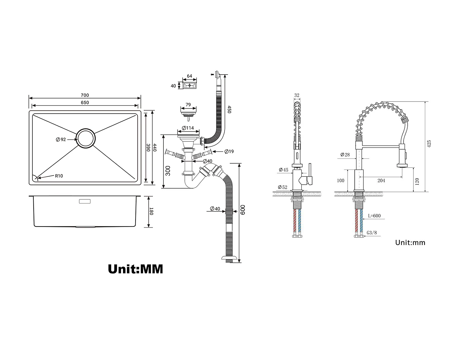 Évier Cuisine 1 Bac 70*44*19CM,à Encastrer/Fleur/Sous-Plan,avec Siphon/Trop-Plein,+Robinet Cuisine à Ressort avec Douchette Extensible