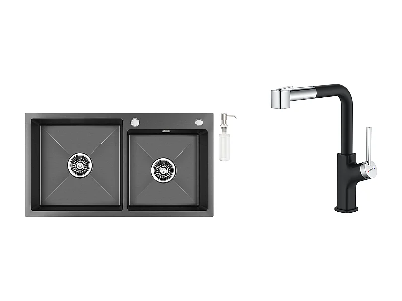 Fregadero Cocina 2 Bandeja,Negro,75x45x19cm, Empotrado/para colocar con dispensador de jabón+Grifo de cocina  inoxidable extraíble giratorio 360 °