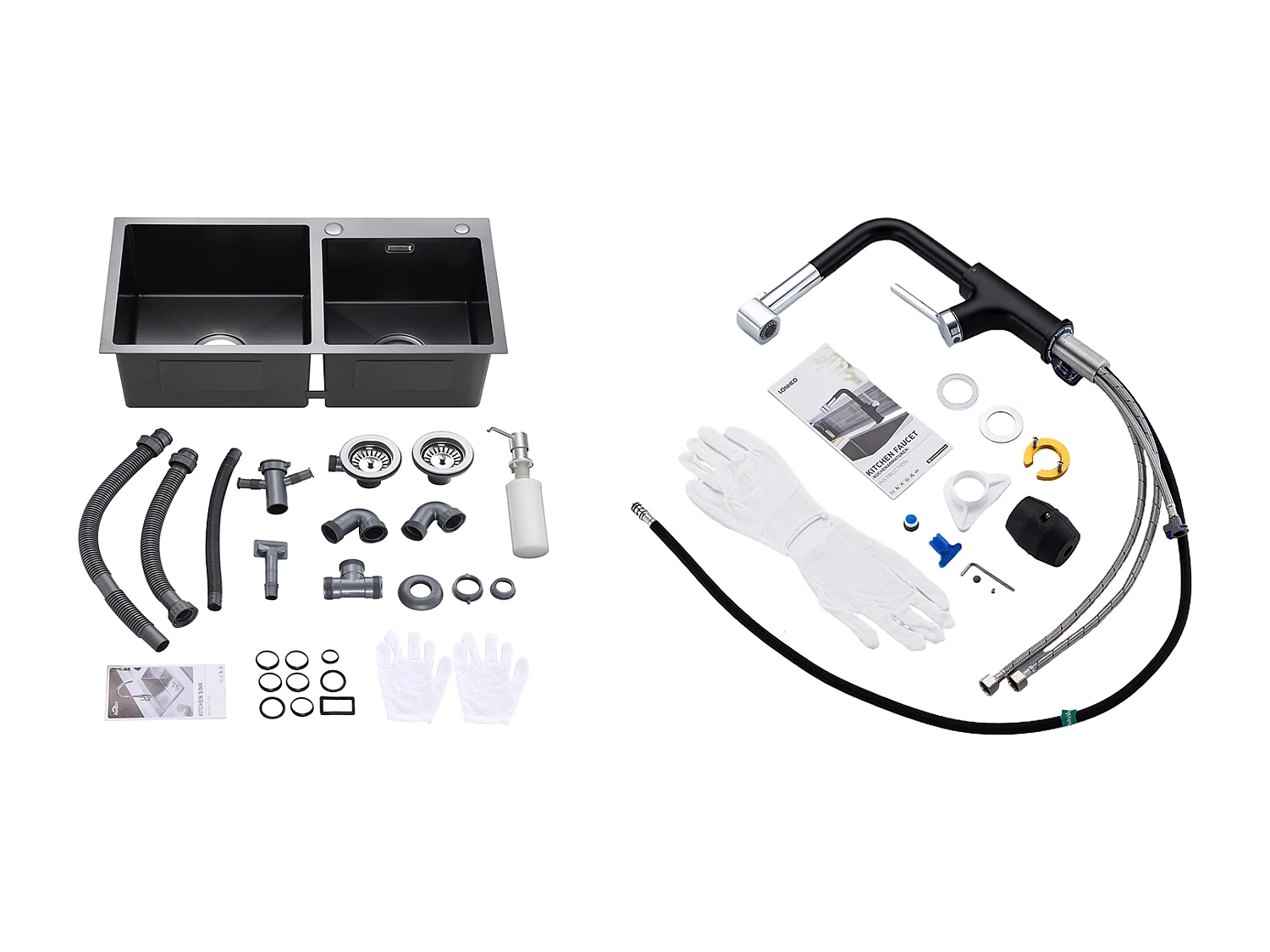 2 en 1 Évier  Cuisine 2 Bac ,Noir,75x45x19cm,Encastré/ à Poser avec Distributeur  Savon+ Robinet de Cuisine Inox Extractible Rotatif à 360 °