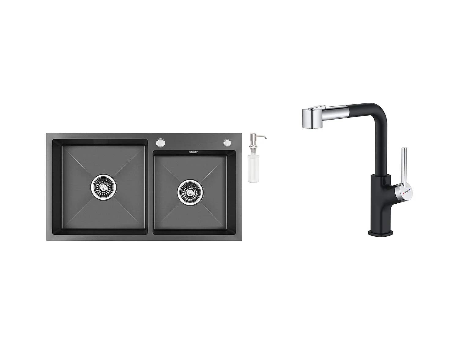 2 en 1 Évier  Cuisine 2 Bac ,Noir,75x45x19cm,Encastré/ à Poser avec Distributeur  Savon+ Robinet de Cuisine Inox Extractible Rotatif à 360 °