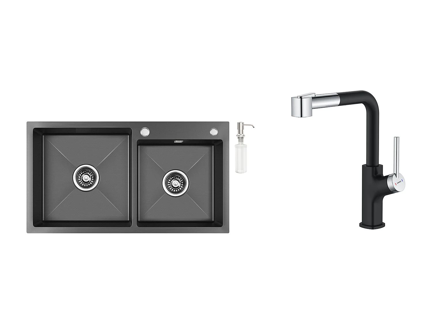 2 en 1 Évier  Cuisine 2 Bac ,Noir,75x45x19cm,Encastré/ à Poser avec Distributeur  Savon+ Robinet de Cuisine Inox Extractible Rotatif à 360 °