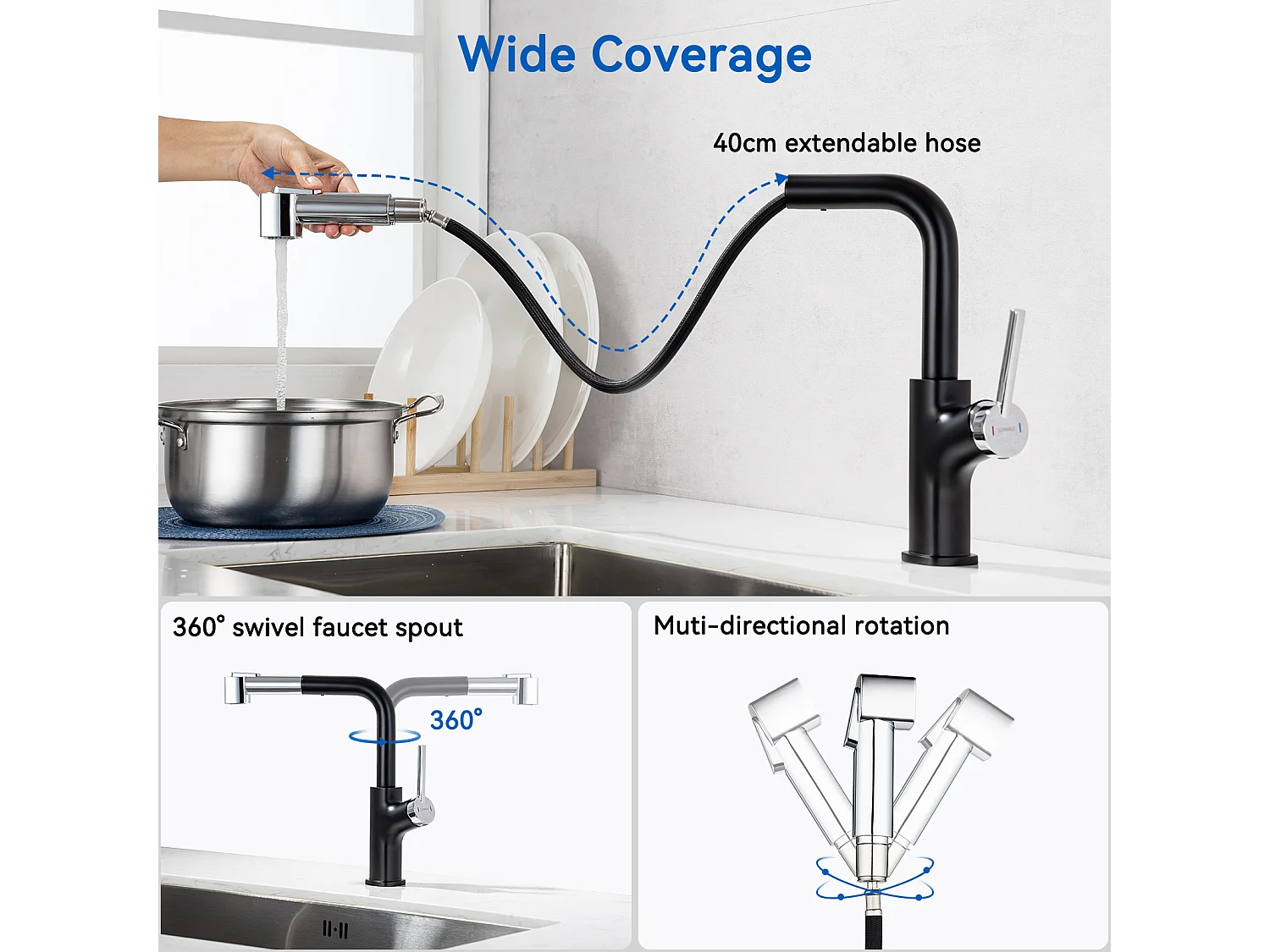 2 en 1 Évier  Cuisine 2 Bac ,Noir,75x45x19cm,Encastré/ à Poser avec Distributeur  Savon+ Robinet de Cuisine Inox Extractible Rotatif à 360 °